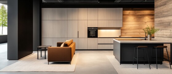 Modern kitchen interior with stylish furniture and design elements.