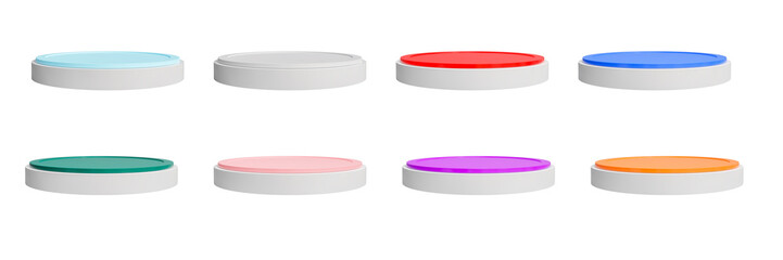 set of white and blue, green, red, purple, pink, orange podium isolated on white background, showcase product, 3d render