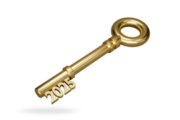 golden key with 2025 isolated on white background, key performance indicator and business achievement goal concept. 3d render