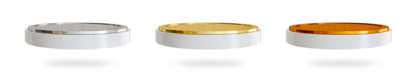 set of white and gold, silver, bronze podium isolated on white background, showcase product, 3d render