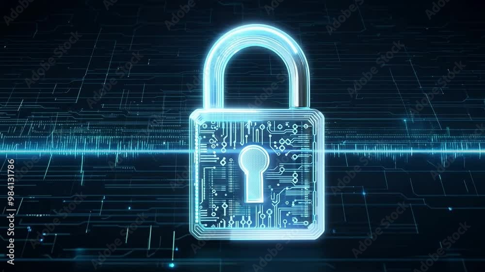 Poster A futuristic padlock made of circuit patterns symbolizes digital security, focusing on the importance of safeguarding information in an advanced technological landscape.