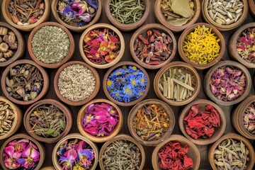 Chinese Herbs. Top View of Variety of Dried Herbs and Flowers in Wooden Bowls for Herbal Medicine...