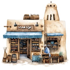 Watercolor Painting of a Traditional Middle Eastern Bakery with a Man Shopping.