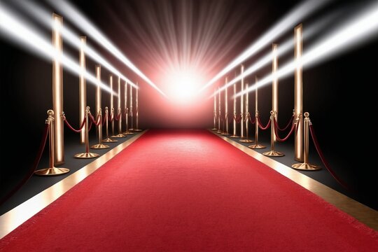 Beautiful lights blink over the red carpet podium on New Year's Eve, reflecting in the celebrate events