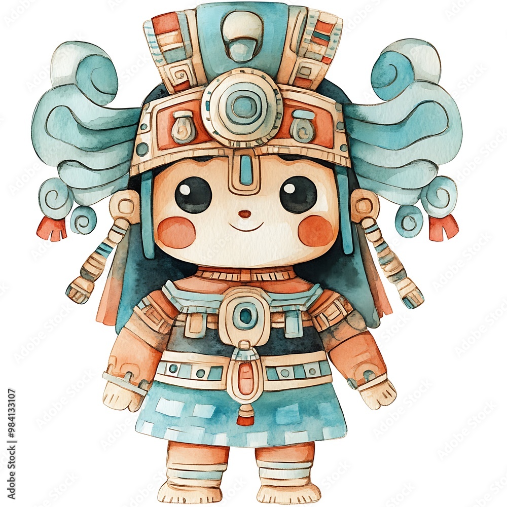 Canvas Prints Watercolor Illustration of a Cute Mayan God with Big Eyes.