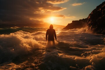 Fototapeta premium Man walking in rough waters during sunset, with turbulent waves around him and a dramatic sky illuminated by the last rays of golden light on the horizon. 