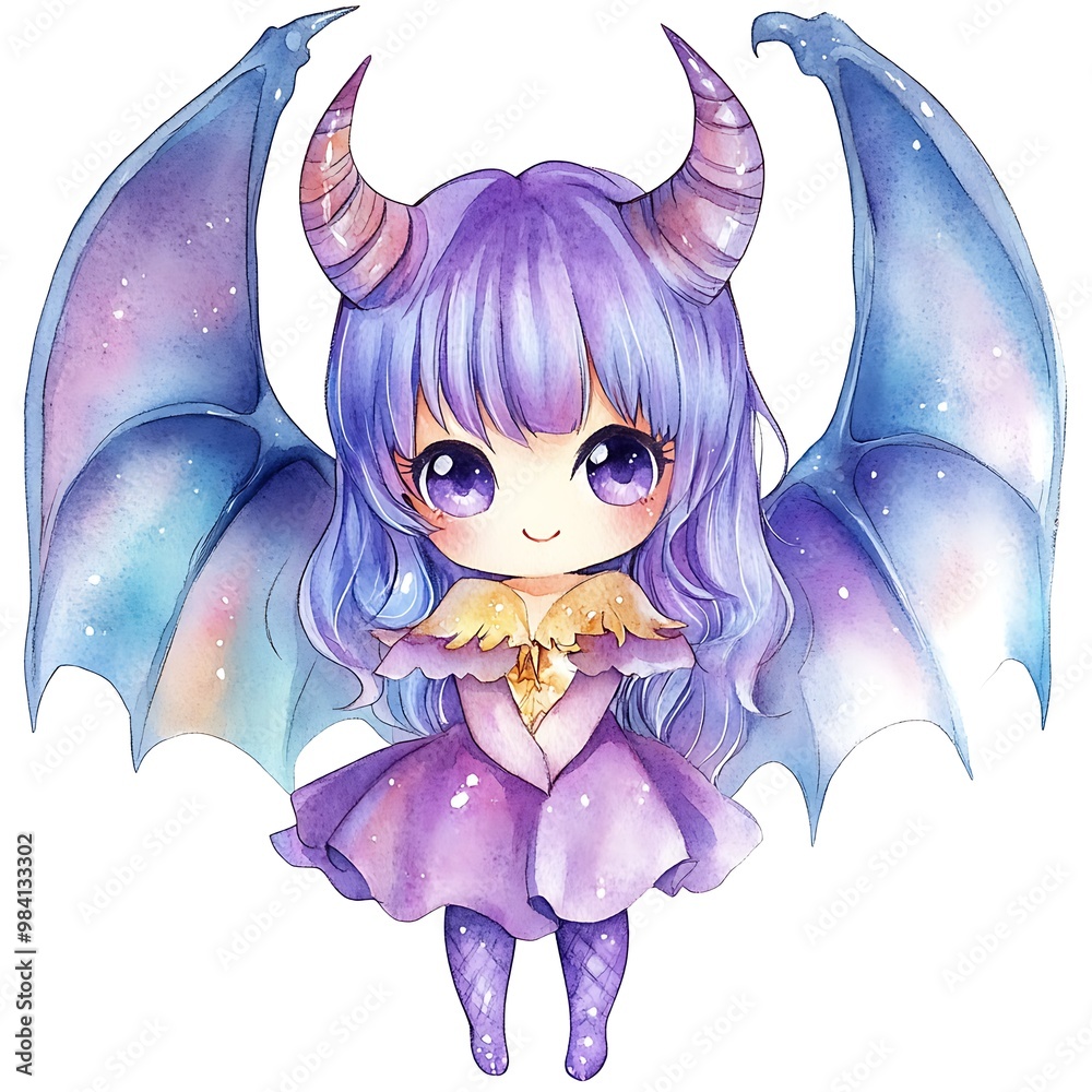 Canvas Prints Watercolor Illustration of a Cute Fantasy Girl with Wings and Horns.