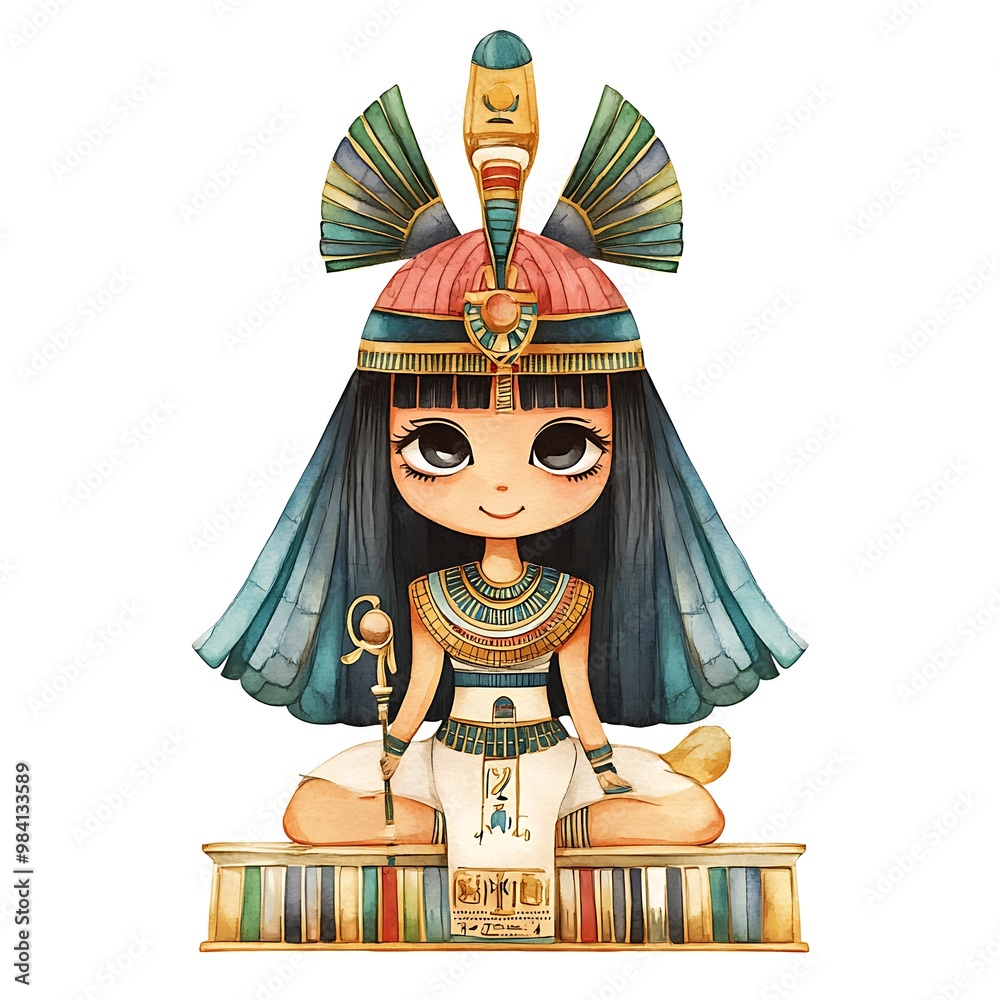 Sticker Cute Cartoon Egyptian Queen with Hieroglyphics.