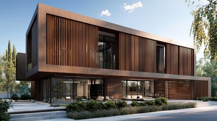 Fototapeta premium A modern villa with vertical wooden slats that create a dynamic facade, offering privacy and a striking design element
