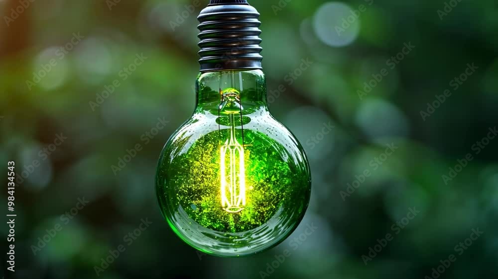 Poster the vibrant green light bulb dangles from a socket, casting a warm glow in the midst of a dense, lea