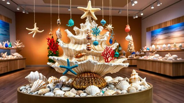A vibrant display of shell decorations and marine ornaments, creating a festive and artistic atmosphere in a gallery setting