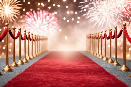 A glamorous red carpet entrance with fireworks and golden poles, where celebrate success leading to the award ceremony