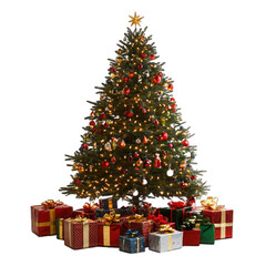 Spectacular Christmas Tree With Lights and Gifts. Isolated on a Transparent Background. Cutout PNG.