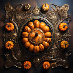 A magical Halloween arrangement featuring pumpkins and intricate decorations on a dark background