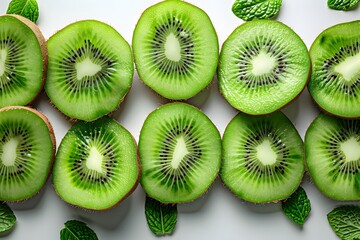 Fototapeta premium Fresh Kiwi Slices with Mint Leaves on White Background for Organic Food Design, Poster, or Digital Use