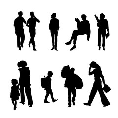 Black silhouettes of people in various situations, including men, women, children with backpacks, a woman holding a large sheet of paper, and people communicating with each other
