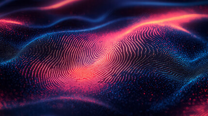 An abstract fingerprint design with swirling neon lines in shades of blue and pink,