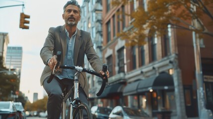 Professional Man Commutes by Bicycle in Urban Setting - Balance Between Fitness and Career