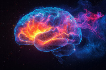 Fototapeta premium Abstract wireframe brain in vibrant rainbow colors,