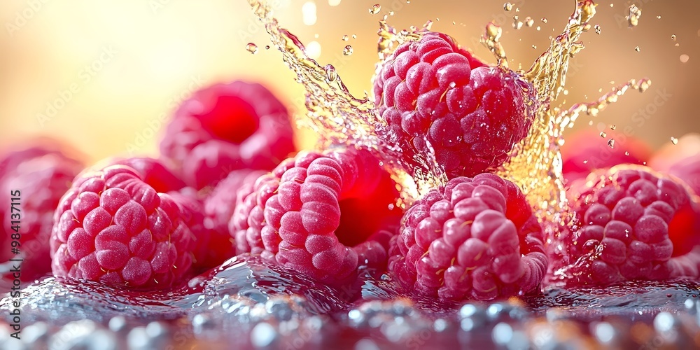 Wall mural A close-up of ripe raspberries, glistening with water droplets, creating a refreshing and vibrant scene.