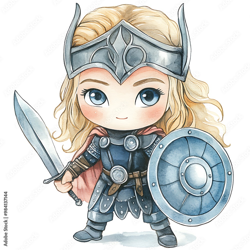 Sticker Watercolor Illustration of a Cute Female Warrior with Sword and Shield.