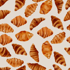 Watercolor bakery seamless croissant pattern.