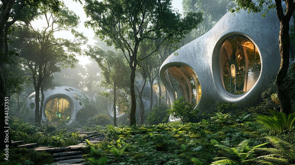 Sticker Modern, organic architecture nestled within a lush green forest, illuminated by morning sunlight.