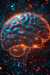 A glowing wireframe brain with bold neon lines in shades of orange and teal,