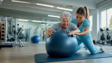 Senior woman exercises with support in modern gym during daylight hours, copy space for text, senior coaching advertising, elder health habits advert