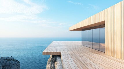 A modern wooden observation deck on the edge of a cliff, providing sweeping views of the ocean with a minimalist design