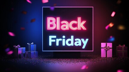 Neon Black Friday Sale sign in dark lights with a glowing platform. Podium stand for promotions