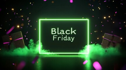 Obraz premium Neon Black Friday Sale sign in dark lights with a glowing platform. Podium stand for promotions