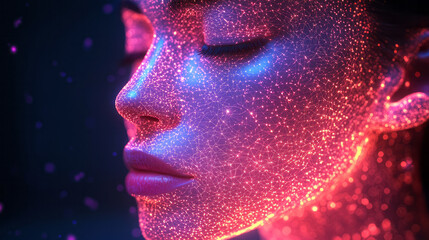 A glowing wireframe human head with neon blue and purple lines,