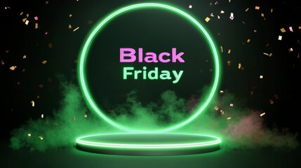 Neon Black Friday Sale sign in dark lights with a glowing platform. Podium stand for promotions