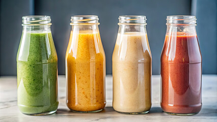 Four colorful glass bottles filled with smoothies sit on a marble table. The green, orange, yellow, and red beverages create a vibrant visual contrast in a relaxed cafe atmosphere