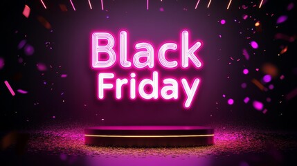 Obraz premium Neon Black Friday Sale sign in dark lights with a glowing platform. Podium stand for promotions
