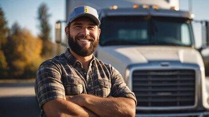 Portrait of confident truck driver wearing cap standing in front of big truck. Man working as delivery person. Transportation and logistics