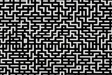 Abstract black and white pattern with a geometric maze design, creating a complex and hypnotic visual effect with continuous lines.
