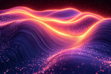 Abstract neon light waves in bold orange and purple curving and twisting through the scene,