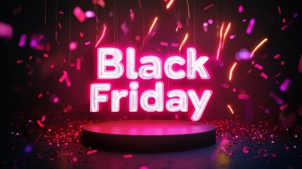 Neon Black Friday Sale sign in dark lights with a glowing platform. Podium stand for promotions