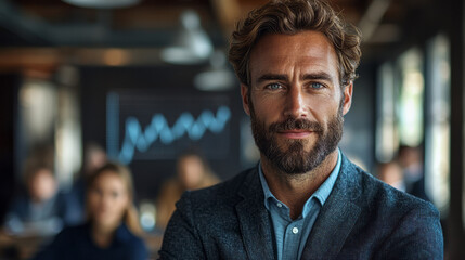 Fototapeta premium A confident leader standing in front of a team, with upward-trending business graphs in the background,