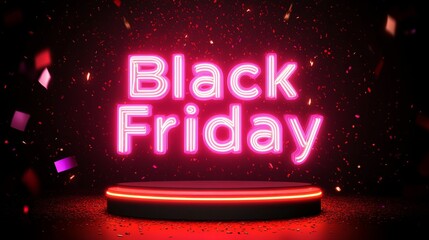 Neon Black Friday Sale sign in dark lights with a glowing platform. Podium stand for promotions