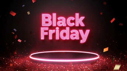 Neon Black Friday Sale sign in dark lights with a glowing platform. Podium stand for promotions