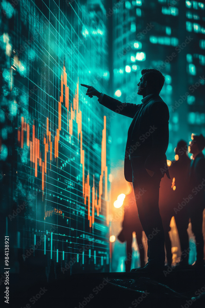 Poster a determined leader pointing towards a rising business chart, while their team stands behind, ready 