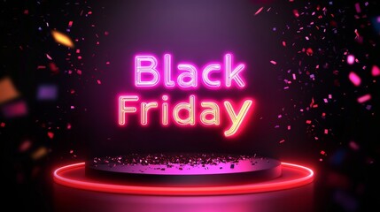 Neon Black Friday Sale sign in dark lights with a glowing platform. Podium stand for promotions