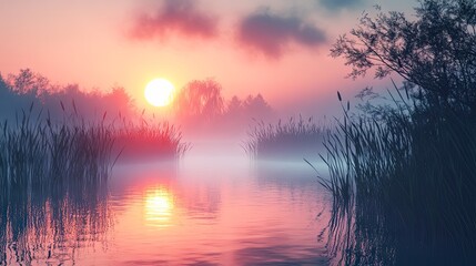 Obraz premium Sunrise over a tranquil wetland with tall reeds