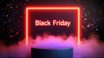 Obraz premium Neon Black Friday Sale sign in dark lights with a glowing platform. Podium stand for promotions