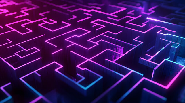 The background features an abstract futuristic holographic circle maze interface concept. The color scheme includes dark shades of purple and blue, with room for text to be pasted. - Powered by Adobe