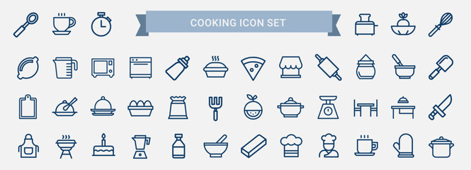 kitchen utensils appliances food items cooking set line icons