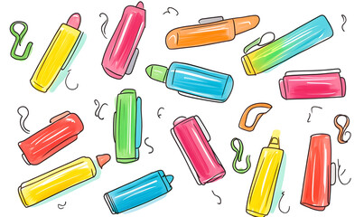 stationery in doodle 2D illustrator style, with cartoonish/symbolic elements and a white background.